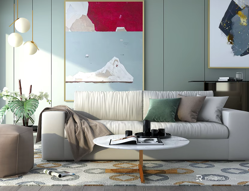 Modern Beige Sofa and Coffee Table Set with Decorative Pillows Abstract Art and Pendant Lights 3d model 