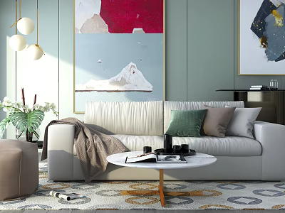 Modern Beige Sofa and Coffee Table Set with Decorative Pillows Abstract Art and Pendant Lights 3d model