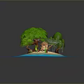 Modern Tropical Island Scene With Sandy Beach Green Trees Thatched Hut And Blue Water