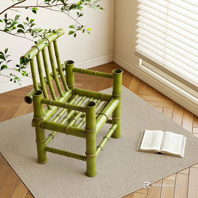 Green Bamboo Leisure Chair in Cozy Corner with Open Book and Wooden Floor 3d model 