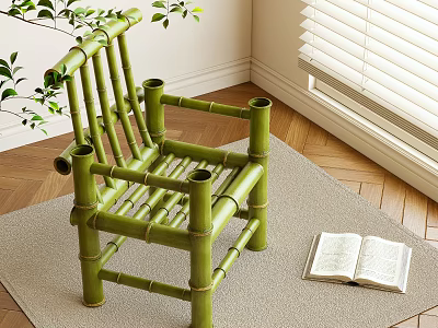 Green Bamboo Leisure Chair in Cozy Corner with Open Book and Wooden Floor 3d model
