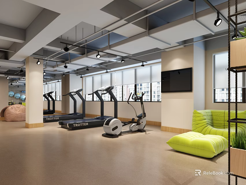 Spacious Fitness Center Interior With Treadmills Elliptical Machines Green Relaxation Area And Windows 3d model 