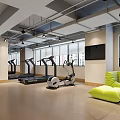 Spacious Fitness Center Interior With Treadmills Elliptical Machines Green Relaxation Area And Windows