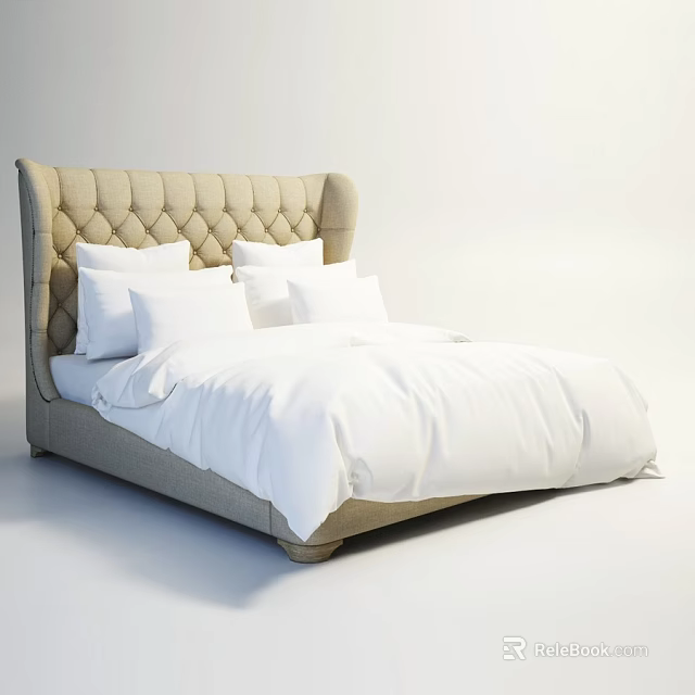 Modern Double Bed Featuring Tufted Beige Headboard With White Sheets And Pillows 3d model