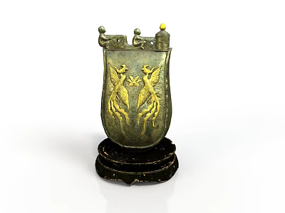 Ancient Decorative Shield Weapon With Golden Winged Creature Design And Black Wooden Base 3d model