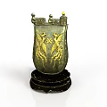 Ancient Decorative Shield Weapon With Golden Winged Creature Design And Black Wooden Base