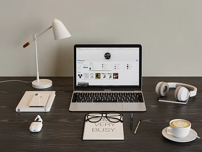 Modern Workspace Desk Setup With Laptop White Lamp Headphones Notebook Coffee Cup Glasses And Pen 3d model