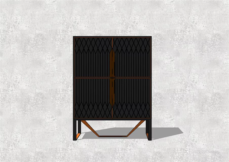 Stylish Black Decorative Cabinet With Diamond Pattern Double Doors And Brown Legs 3d model 
