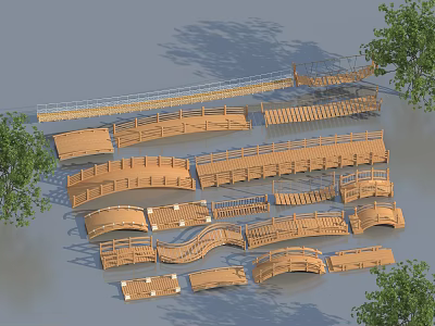 Wooden Bridge Designs With Various Curved And Straight Structures For Garden Landscape 3d model