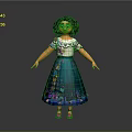 Animated Game and Movie Character With Curly Hair White Top Teal Dress and Pink Shoes