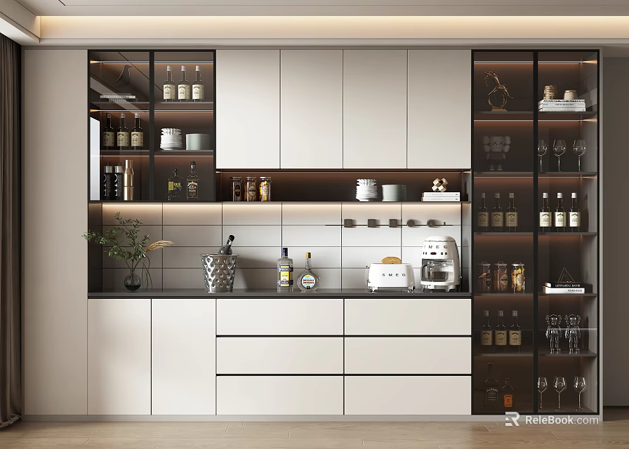 Modern Kitchen With White Cabinets Glass Door Storage Countertop And Coffee Appliances 3d model 