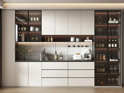 Modern Kitchen With White Cabinets Glass Door Storage Countertop And Coffee Appliances 3d model
