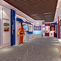 Fire Safety Experience Hall Interior With Central Red Blue Exhibition Column Firefighter Model And Screens