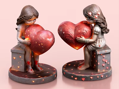 Art Installation Featuring Girl Statues Holding Illuminated Heart Shaped Objects On Light Spotted Pedestals 3d model