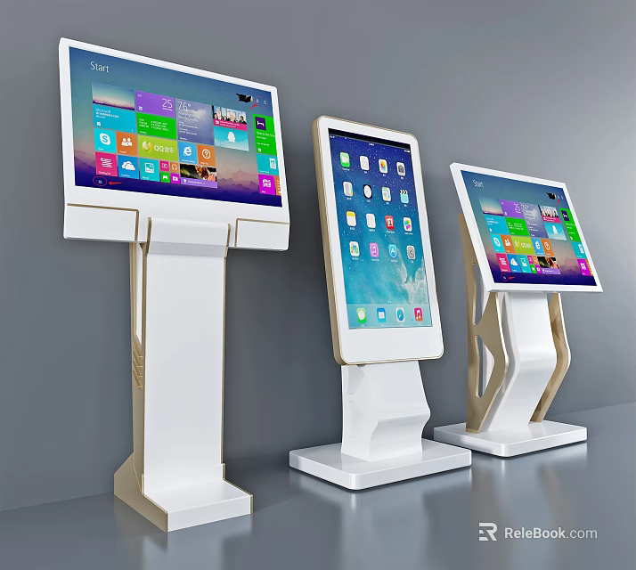 Public Standalone Touchscreen Self-Service Kiosks With White Base And Colorful Interactive Interface 3d model 