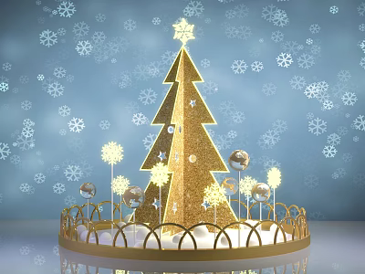 Golden Christmas Tree With Star On Top And Golden Decorative Balls Crown Base Snowflake Background 3d model
