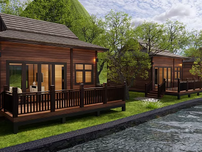 Detached Wooden Villa With Wooden Deck Green Trees And River View 3d model
