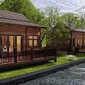 Detached Wooden Villa With Wooden Deck Green Trees And River View