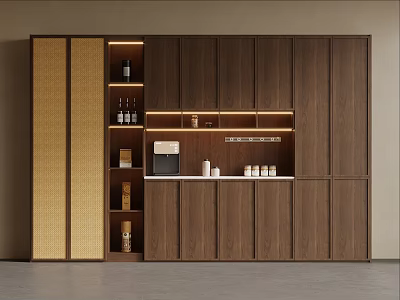 Modern Walnut Wine Cabinet With Built In Lighting And Storage Compartments 3d model