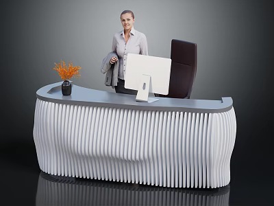 Modern Reception Desk With Ribbed Design And Orange Flower Vase Computer Monitor Black Chair 3d model