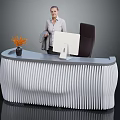 Modern Reception Desk With Ribbed Design And Orange Flower Vase Computer Monitor Black Chair