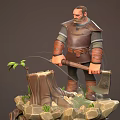 Medieval Male Characters With Sapling And Tree Stump On Rocky Natural Platform