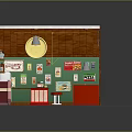 Retro Diner Scene With Green Walls Wooden Panels Red Booths Checkered Floor Vintage Posters Jukebox