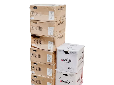 Stacked Brown And White Cardboard Boxes With Brand Labels In Storage Pile 3d model