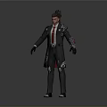 Stylish Man With Mohawk Hairstyle In Black Coat Red Tie And Mechanical Arm Standing