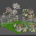 Decorative Floral Display With Large Pink White Flowers Colorful Small Blooms On White Metal Stands