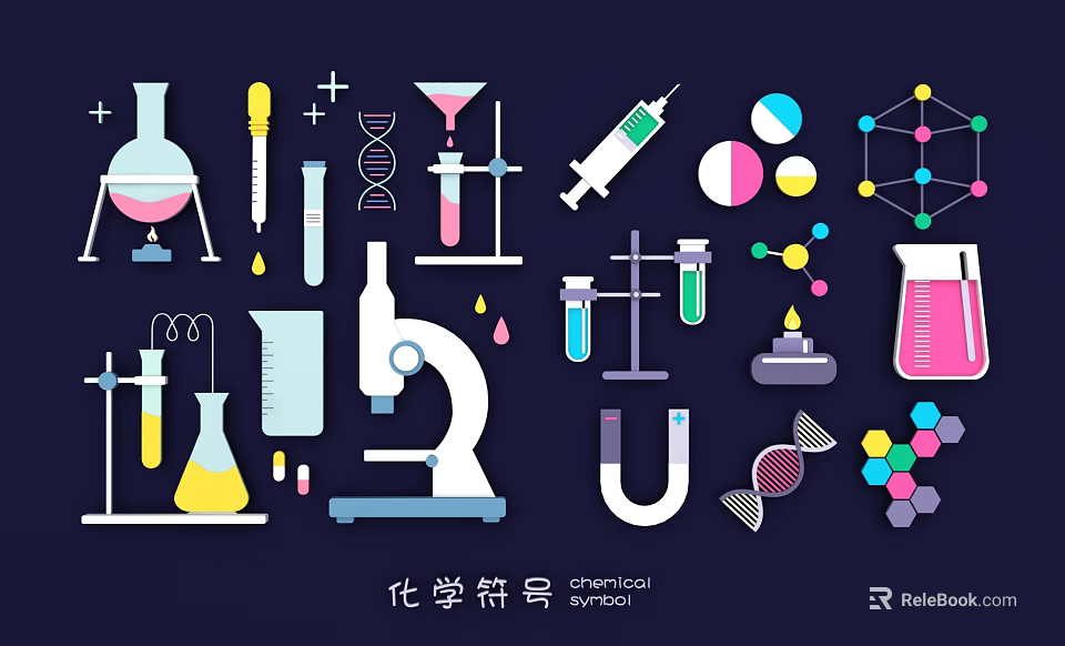 Chemical Symbols Wall Decor With Beakers Test Tubes Microscope And Molecular Structures 3d model 