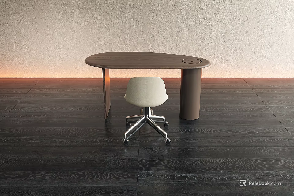 Modern Wooden Office Desk With Oval Top And White Stylish Chair In Minimalist Room 3d model 