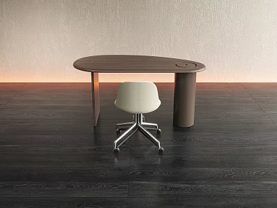 Modern Wooden Office Desk With Oval Top And White Stylish Chair In Minimalist Room 3d model