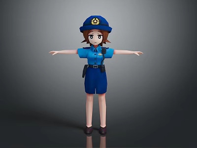 Animated Female Police Character In Blue Uniform With Badge And Hat 3d model