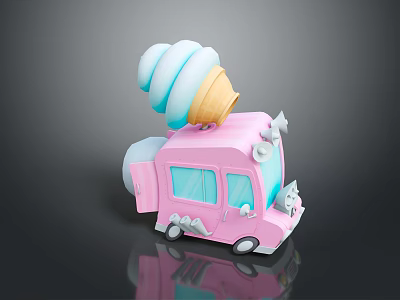 Cute Pink Commercial Ice Cream Truck With Blue White Cone And Cat Decorations 3d model