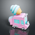 Cute Pink Commercial Ice Cream Truck With Blue White Cone And Cat Decorations