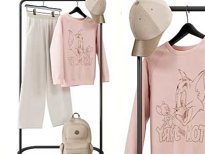 Casual Clothes Including Pink Tom And Jerry Print Sweater White Pants Beige Cap And Backpack 3d model