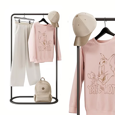 Casual Clothes Including Pink Tom And Jerry Print Sweater White Pants Beige Cap And Backpack 3d model