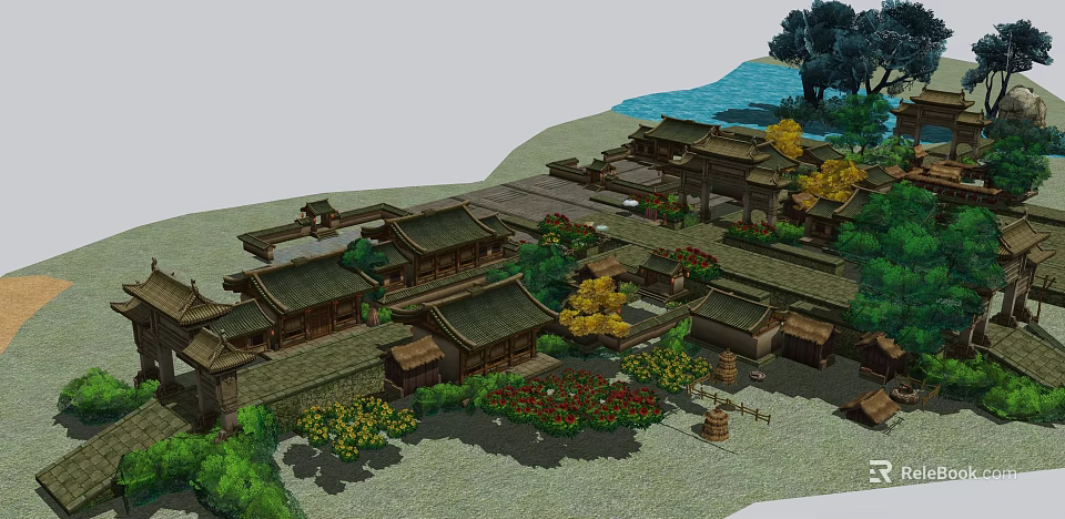 Ancient Chinese Architectural Complex with Traditional Roofs Courtyards Greenery and Water Features 3d model 