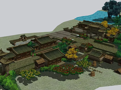 Ancient Chinese Architectural Complex with Traditional Roofs Courtyards Greenery and Water Features 3d model
