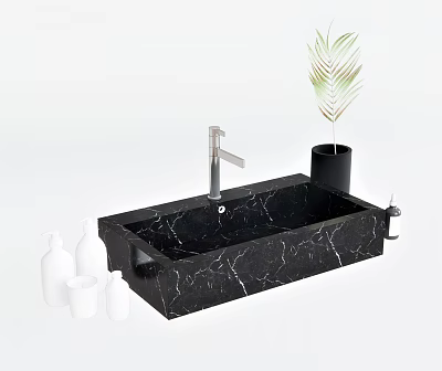 Stylish Black Marble Washbasin with Silver Faucet Black Vase Green Plant and White Bottles 3d model