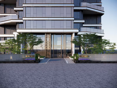 Modern Building Facade With Glass Doors Green Plants Layered Design And Paved Ground 3d model