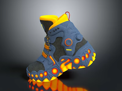 High Top Blue Shoes With Yellow Orange Accents And Flame Patterned Sole 3d model