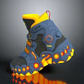 High Top Blue Shoes With Yellow Orange Accents And Flame Patterned Sole