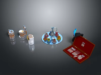 Colorful Tea Set Display With Teapot Cups Tray Sugar Jar And Open Box 3d model