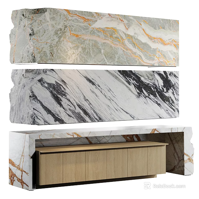 Modern Reception Desk Interior Design With Marble Countertop Natural Veins And Wooden Cabinets 3d model 