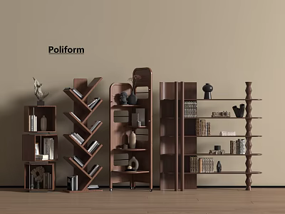 Poliform Modern Wooden Bookcases With Various Styles Decorative Items And Books 3d model