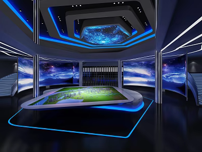 Modern Sales Office Interior Design With Starry Sky Ceiling Large Screens And Model Display Table 3d model