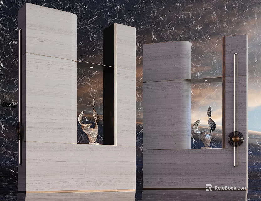 Modern Geometric Stone Pillars Design With Hollow Details And Decorative Figurines Against Starry Sky 3d model 