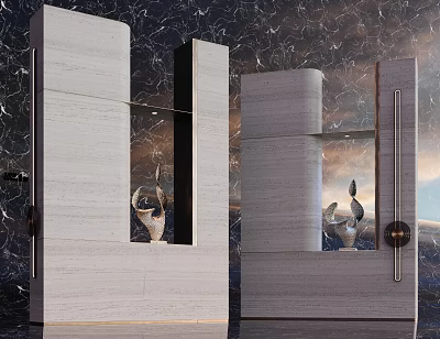 Modern Geometric Stone Pillars Design With Hollow Details And Decorative Figurines Against Starry Sky 3d model
